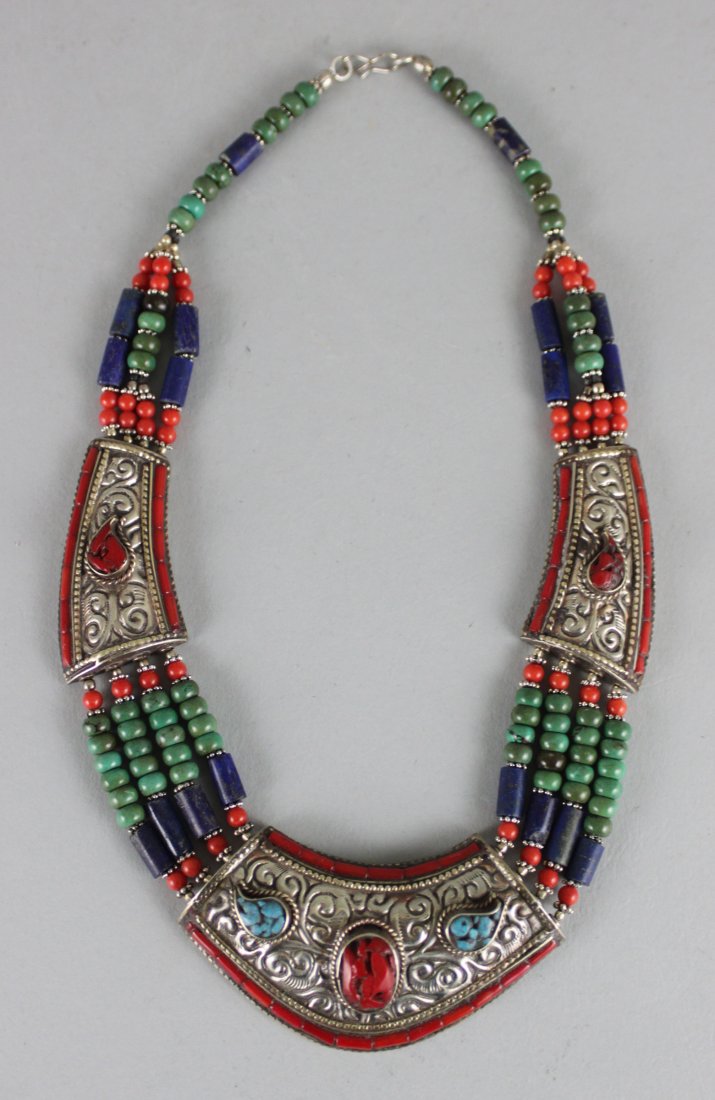 Tibetan Nepal Silver Necklace Malachite Coral Lapis: Dimensions: 14" long, JS15