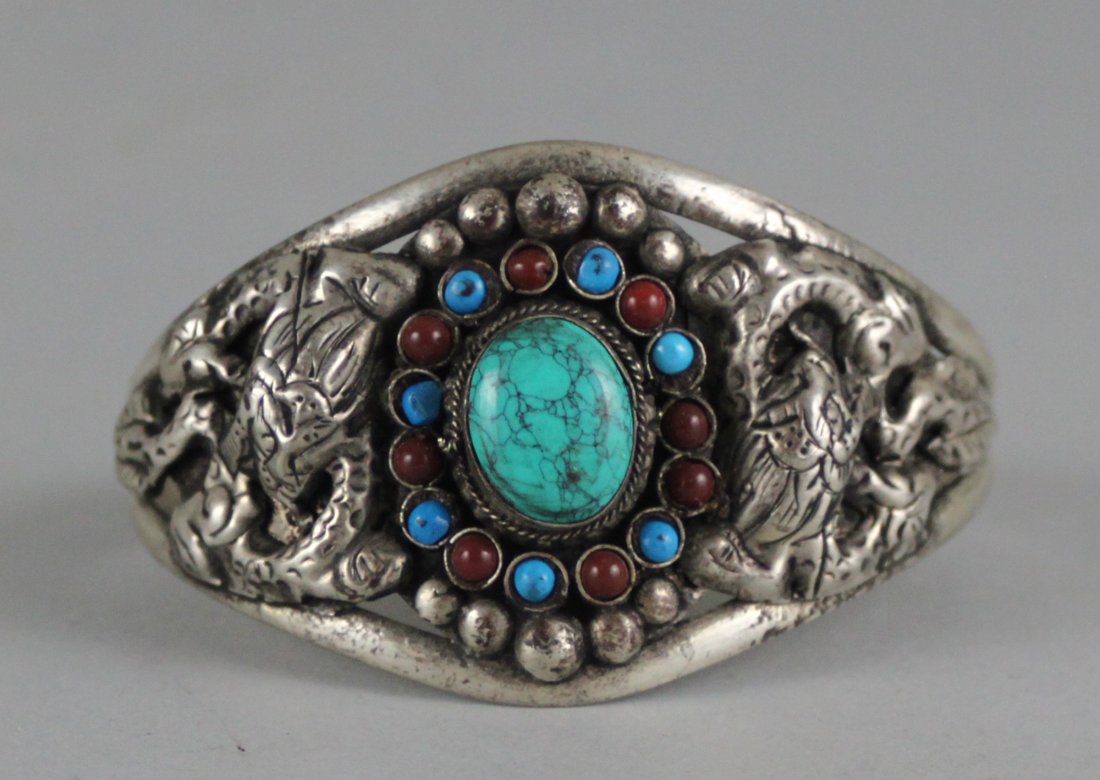 Nepal Silver and Turquoise Carved Bracelet: Dimensions: 2" - 3" Dia, JS38
