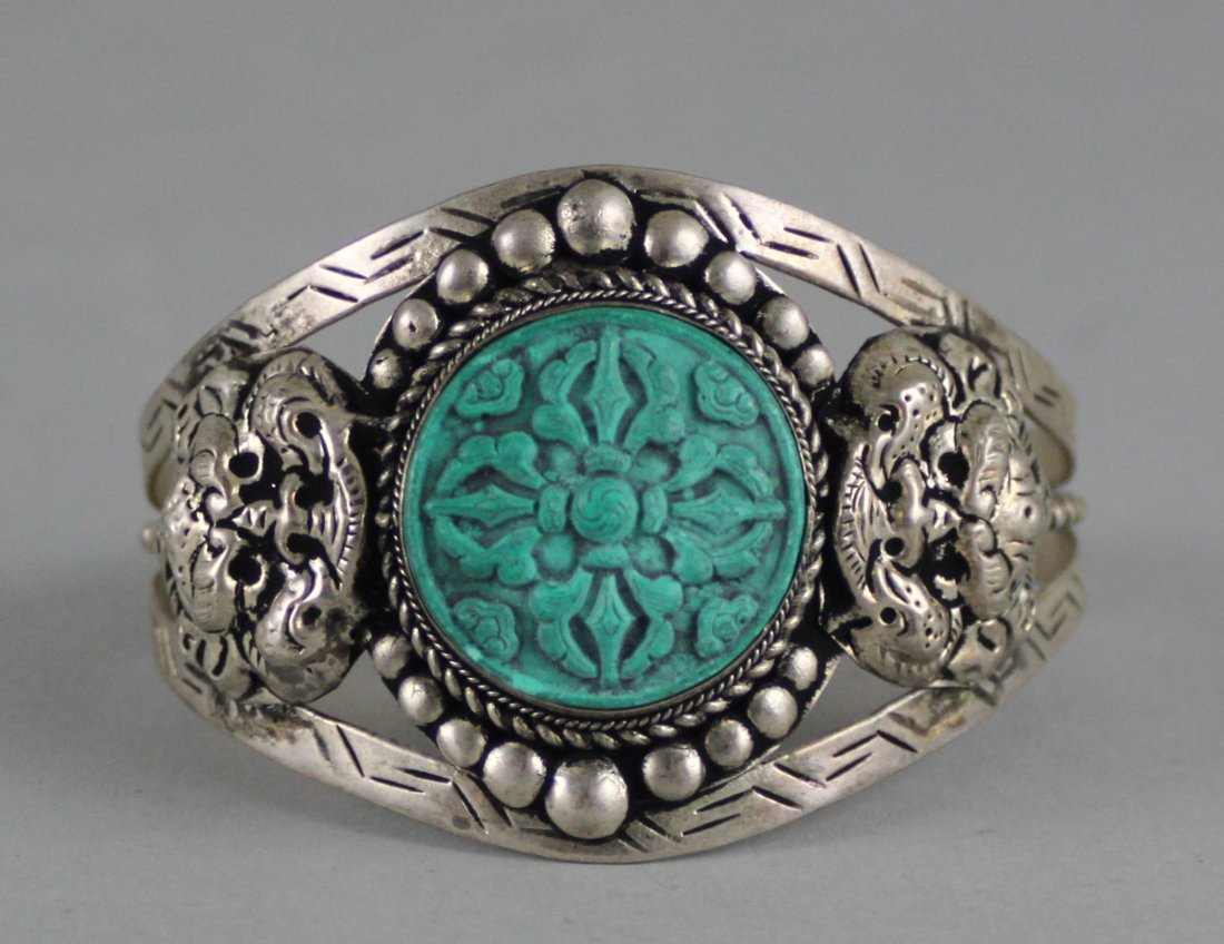 Nepal Silver and Turquoise Carved Bracelet: Dimensions: 2" - 3" Dia, JS19