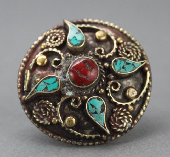 Tibetan Nepal Silver Ring Turquoise & Coral: Size 7.25, K5W9