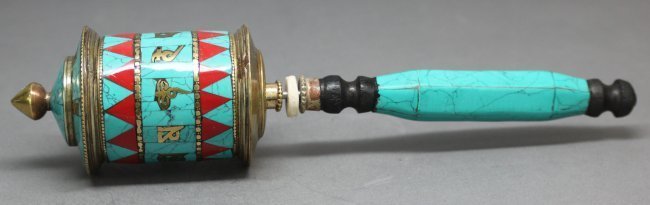 Nepal Ceremonial Hand Held Prayer Wheel: 10.25" Length, AF210