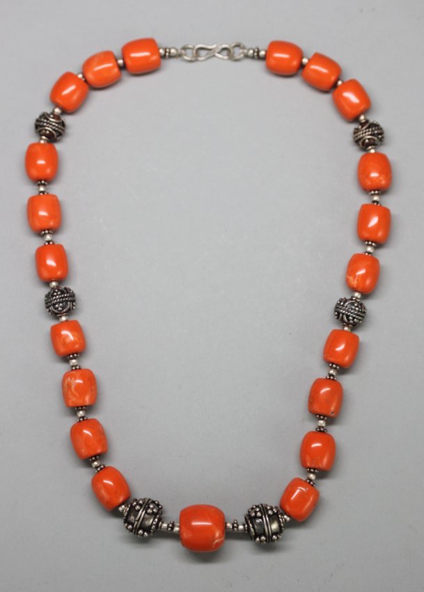Nepal Mala Necklace Orange & Silver Beads: NA92, Dimensions: 16" long, , biggest bead is .5" K1W06