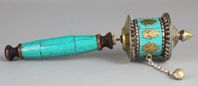 Nepal Ceremonial Hand Held Prayer Wheel: NA19, Dimensions: 9.5" L, K8W9