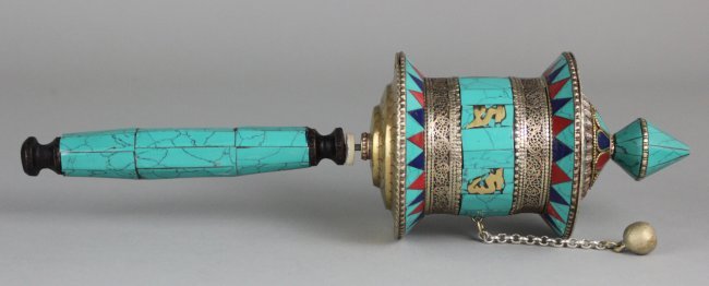 Nepal Ceremonial Hand Held Prayer Wheel 12.5": NA22, Dimensions: 12.5" L, K2W11