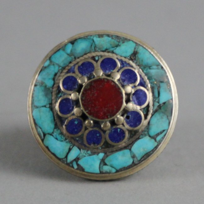 Nepal Tibet Silver Ring Inlaid Turquoise & Coral: Ring Size 8.25, JS14