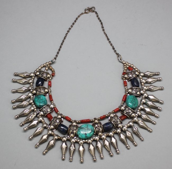 Nepal Tibet Silver Necklace Tuquoise, Lapis and Coral: NA41, Dimensions: 15.5", K4W68