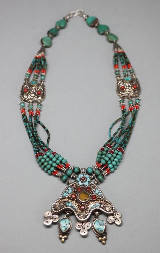 Ornate Nepal Necklace Silver Coral & Turquoise Beads &: NA62, Dimensions: 15" long, K1W79