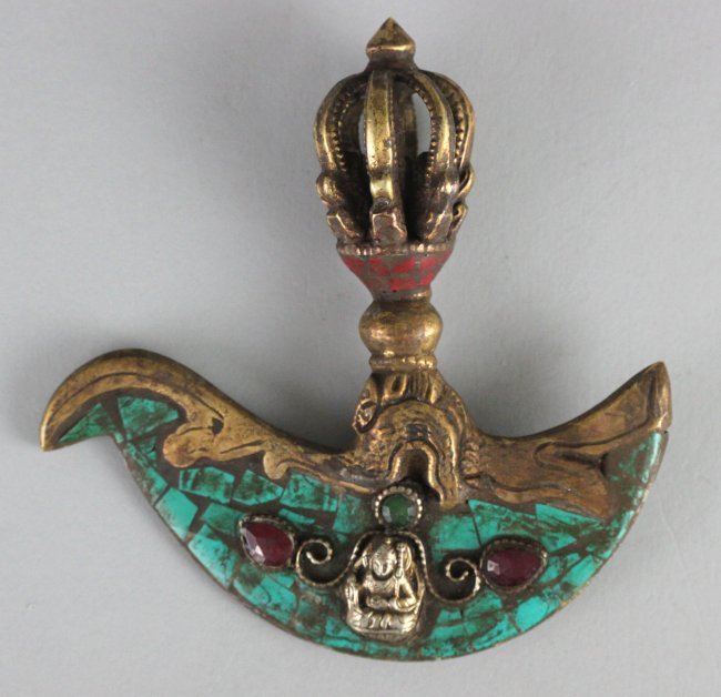 Nepal Brass Ceremonial Axe inlaid with Coral: NA154, Dimensions: 4.5" L x 4.75" W, K2W11
