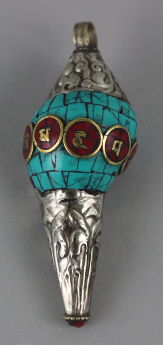 Nepalese Conch Shells Om Manipadmehum Pendant w/ Mantra: Means love and compassion, Turquoise and Coral Inlay, Dimensions: 2.5" x 1.5", NL48A, K3W6