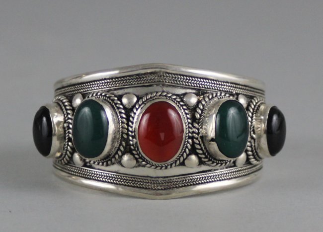 Nepal Silver Bangle Bracelet w/ Cabachon Stones: Dimensions: 2" - 3" Dia, JS42
