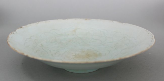 Old Chinese Porcelain Monochromatic Etched Shallow Bow: Antique, Dimensions: 7.25" Dia, DB1018