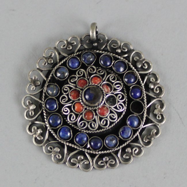 Nepal Tibetan Lapis, Turquoise and Coral Pendant: Dimensions: 1.5" - 2" Dia, JS52