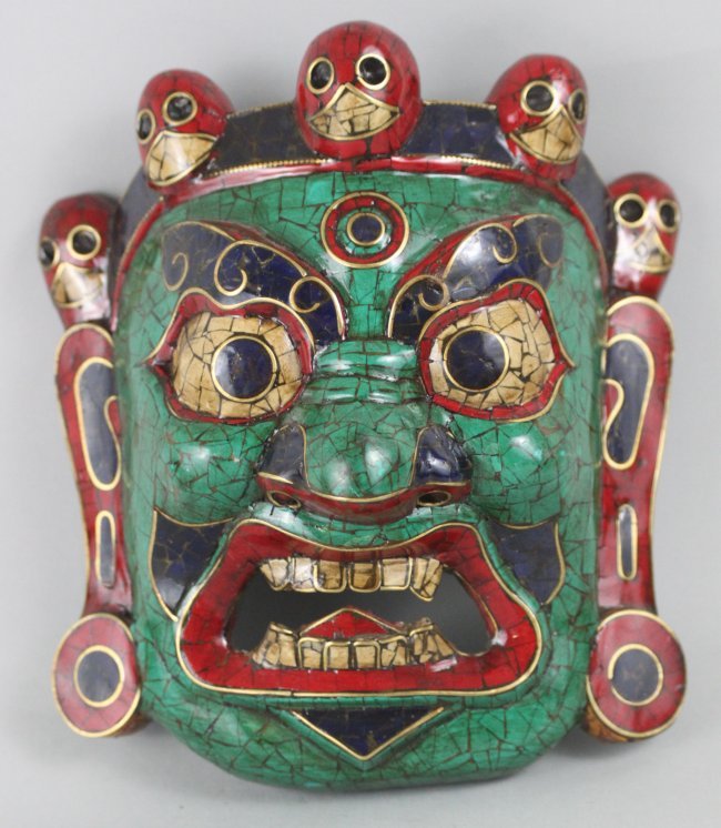 Nepalese Mahakal Wooden mask Turquoise, Lapis, & Coral: Dimensions: 8" x 7", NL51, K2W88
