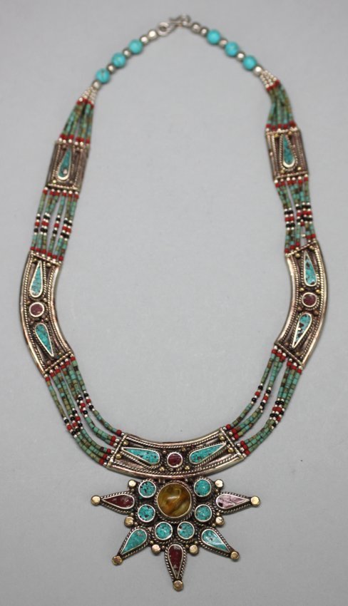 Ornate Nepal Necklace Silver Coral & Turquoise Beads &: NA63, Dimensions: 15" long, K1W79