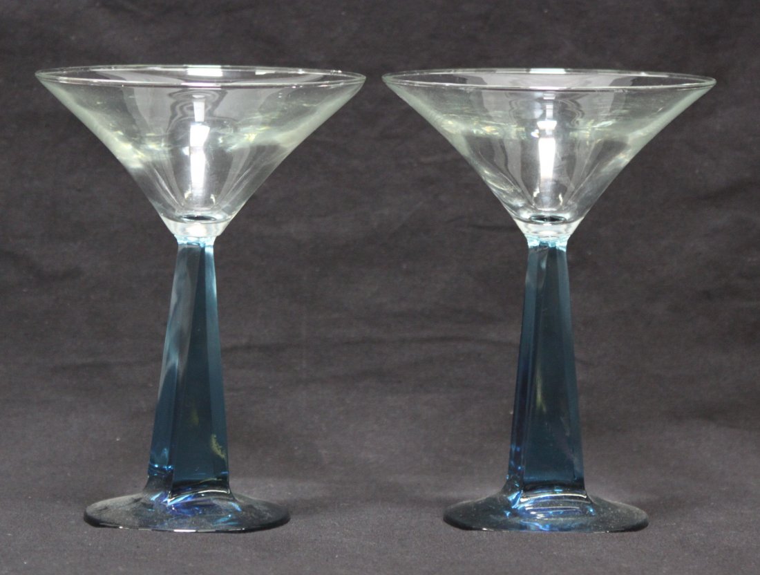 Vintage Pair Elegant Martini Glasses Square Blue Stems: Dimensions: 6.75" x 4.75", AL579 K30W