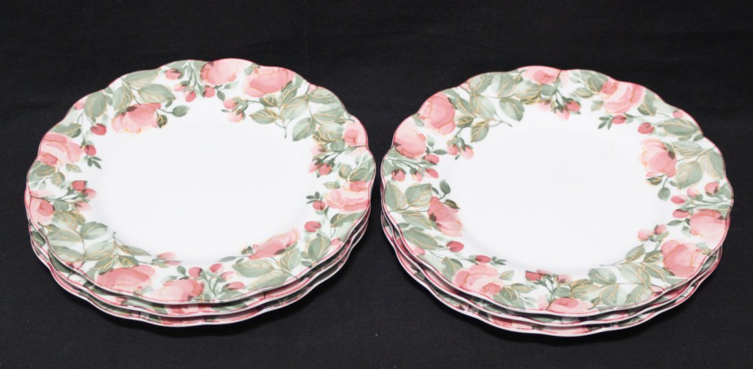Set of SIX Nikko JAPAN Precious China 8" Salad Plates: Beautiful pink roses with green leaves surround the scalloped bands which are trimmed in a deep fuschia. Dimensions: 8" Dia, AL578 K15W