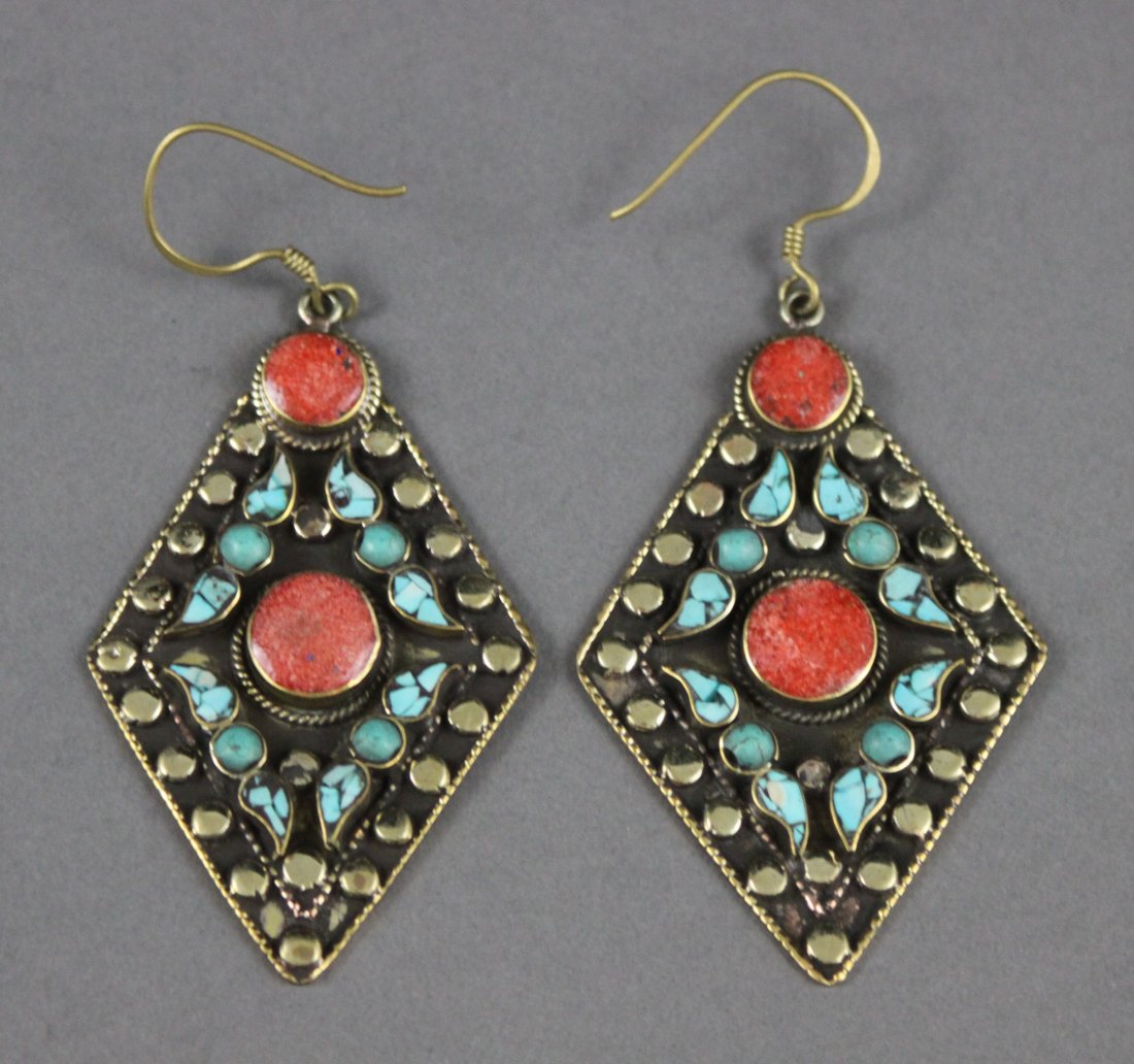 Nepal Tibetan Earrings inset Coral & Turquoise: Dimensions: 2.5", K4W6, TN81