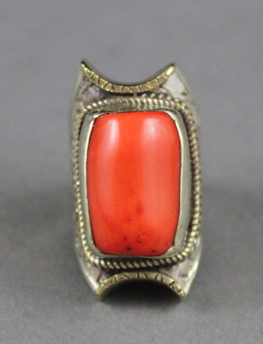 Ladies Nepal Tibetan Ring with large Coral Stone: Ring Size 6.75, K5W9, TN44