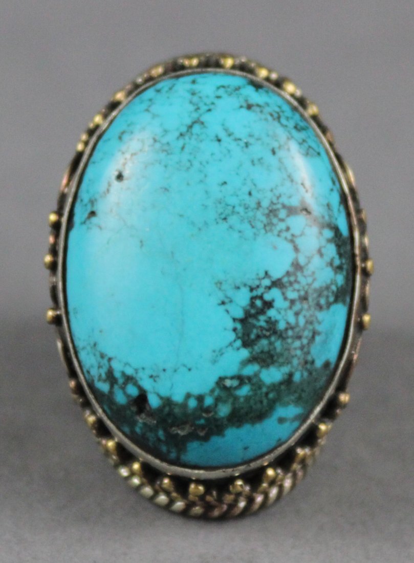 Nepal Tibetan Ring with Giant Turquoise Cabachon Stone: Ring Size 7.25, K5W9, TN60