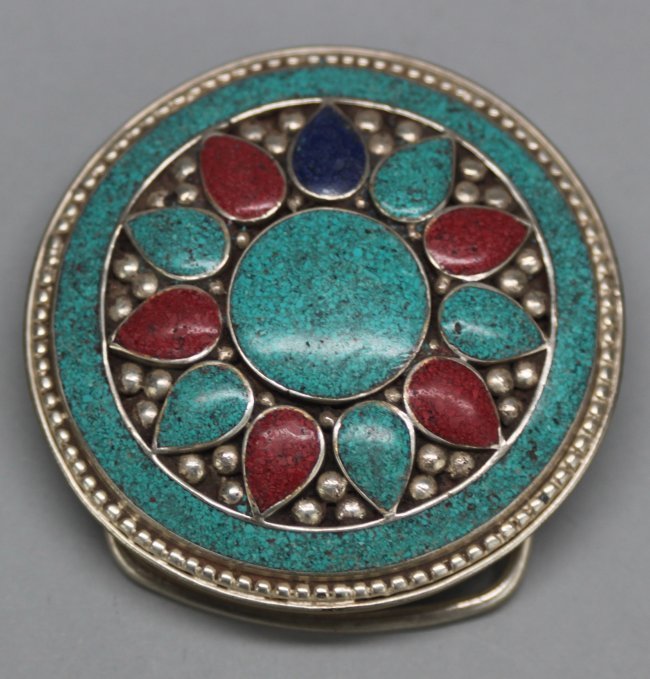 Nepal Silver Belt Buckle Inlaid w Turquoise Lapis & Cor: AM032 2 3/4" Dia
