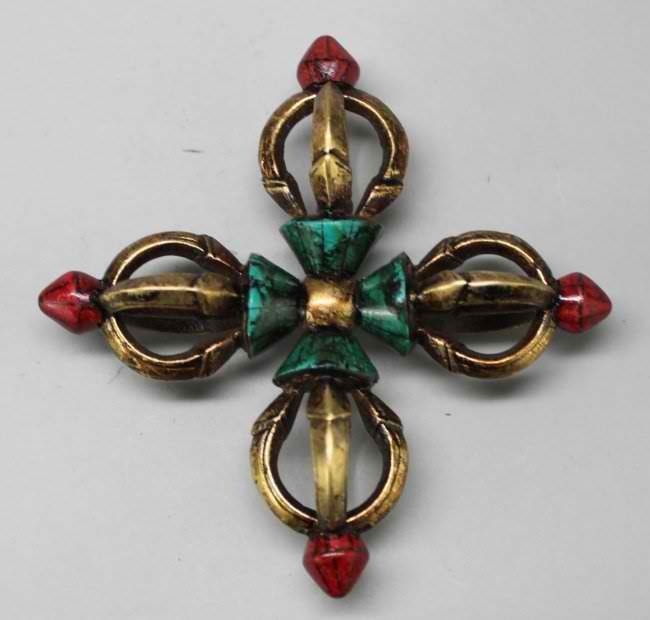 Nepal Brass Double Thunderbolt Inlaid Turquoise: Dimensions: 4.5" long, TA86, K1W21