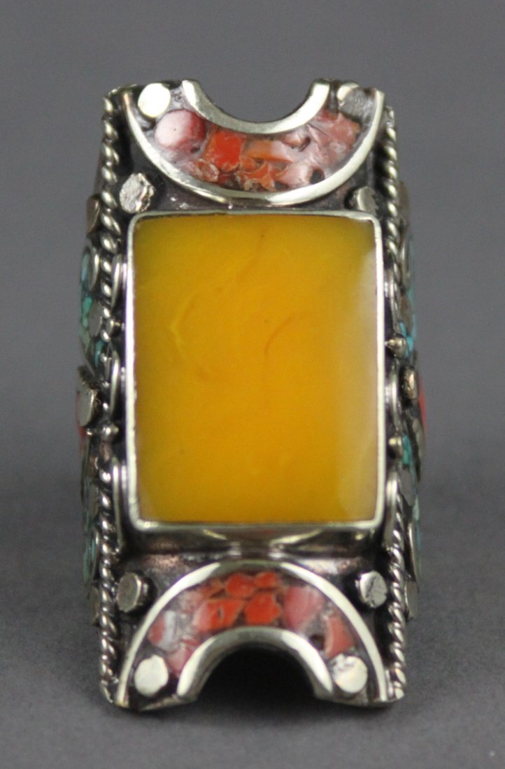 Nepal Mens Ring Amber Square Stone w Coral: Dimensions: 10.25", K5W9, TN66