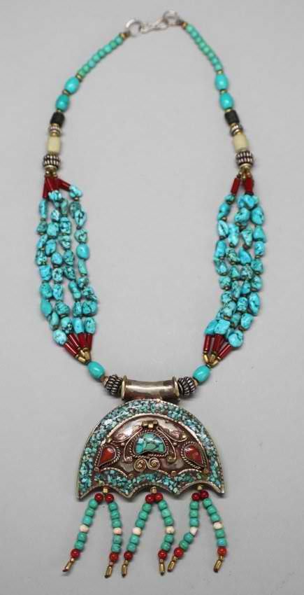 Ornate Nepal Necklace Silver Coral & Turquoise Beads: NA72, Dimensions: 13" long, K1W79