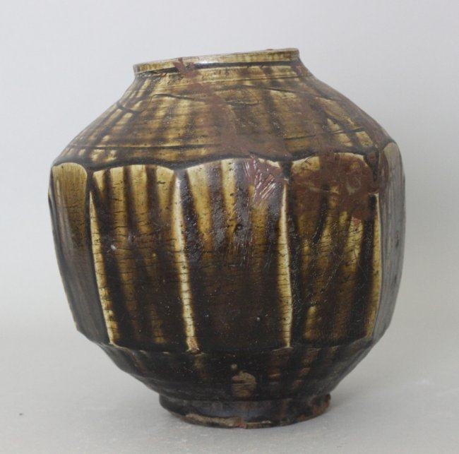 Antique Korean Pottery Decagon Jar (repaired): Dimensions: 8.5" H x 8" Dia, DS30, K1W52