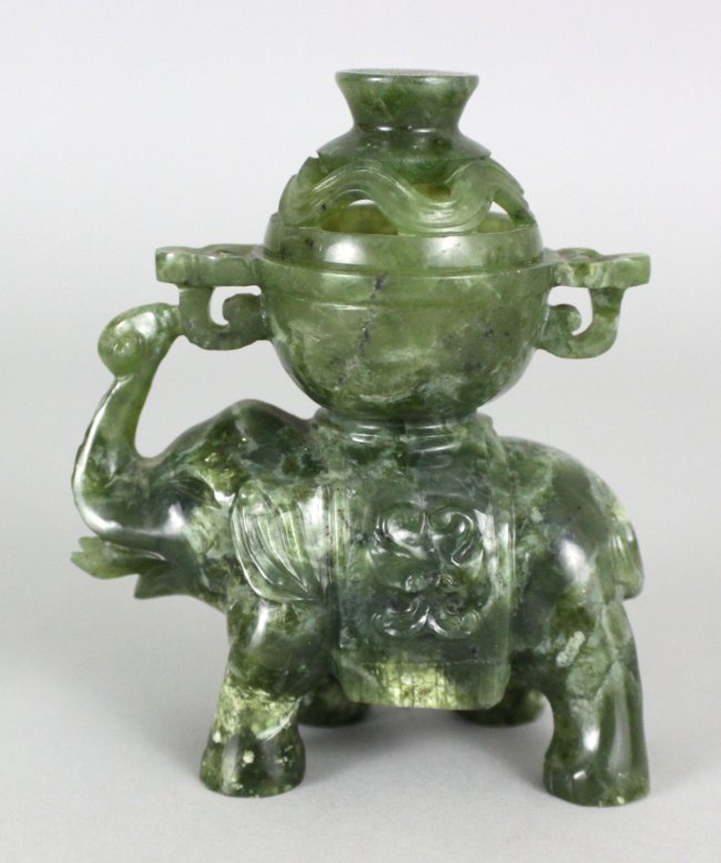 Chinese stone jade carved Elephant incense burner: Dimensions: H 4.5" x W 4", SY10, K2W99
