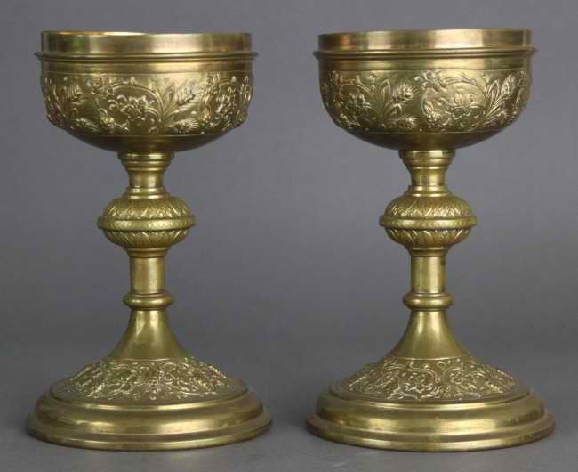 Pair Engraved Brass Pedestal Cups: Dimensions: 8" H , AF216
