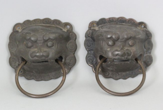 Pair of Chinese 19th Century Bronze Beast Door Knockers: Dimension: 1.75" H x 5", XU516, K1W86