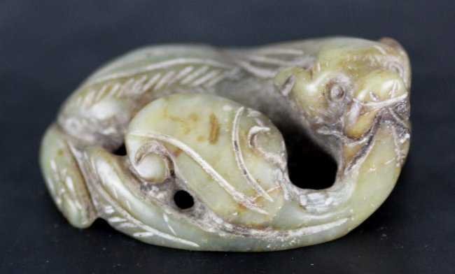 Chinese Carved Jade Antique Dog with Ruyi: Dimensions: 2.5", XU46