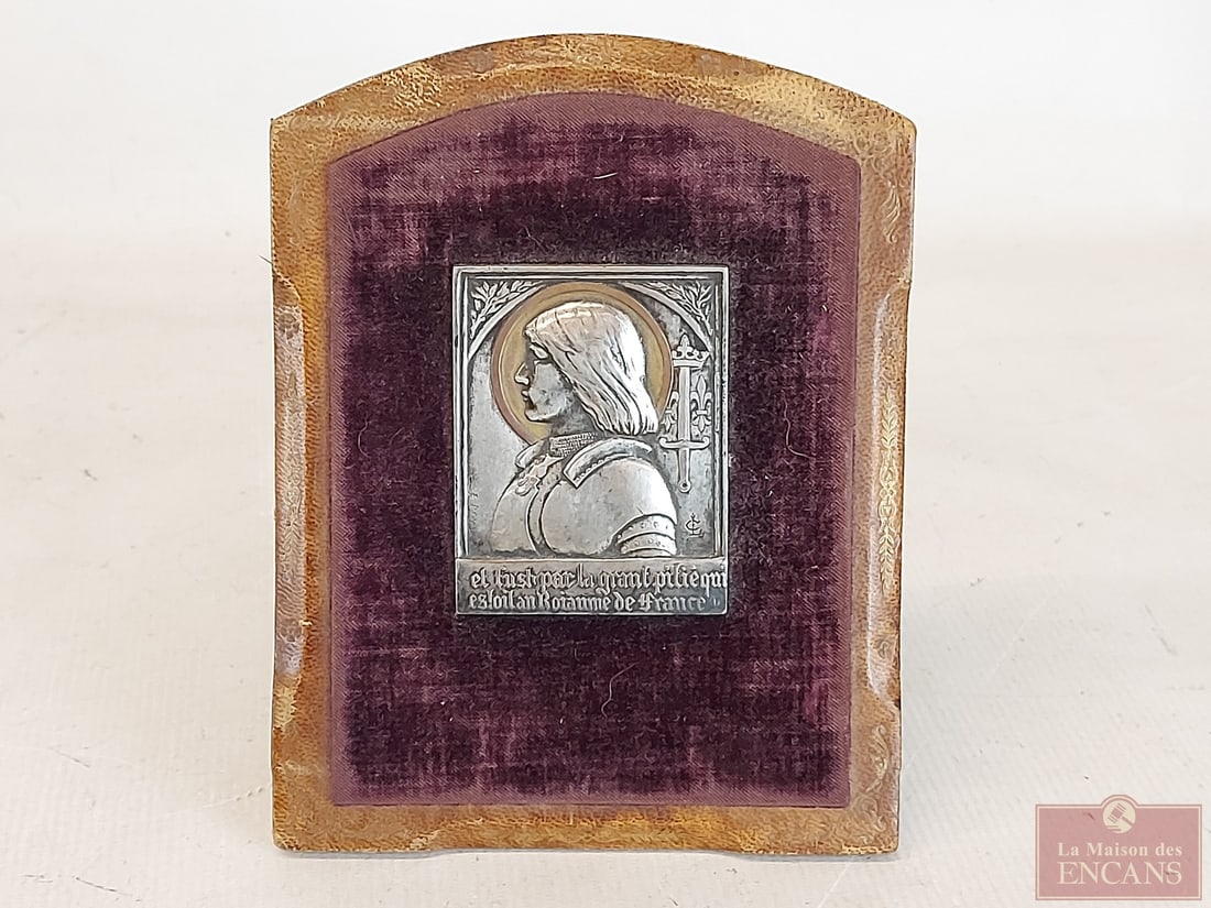Icon on copper representing Joan of Arc by medallist E. Dropsy - measuring 6x4.75 inches: Icon on copper representing Joan of Arc by medallist E. Dropsy - measuring 6x4.75 inches
