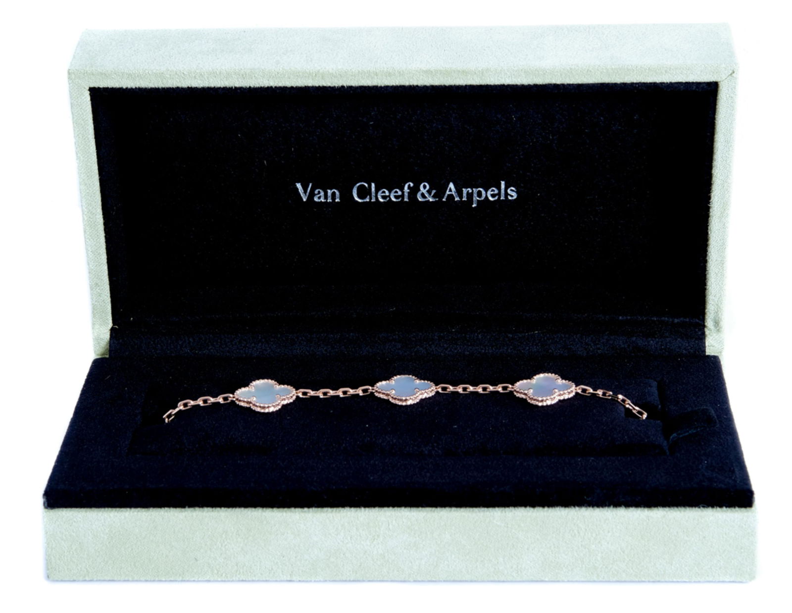Attr. VCA 18k RG 5 Motif Alhambra MOP Bracelet: Attributed to Van Cleef and Arpels, 18K rose gold Alhambra 5 Motif mother-of-pearl bracelet. Stamped VCA AU750/JE653603 and clasp stamped VCA S579. Presented in box. Approx. length 7 inches. Approx. o