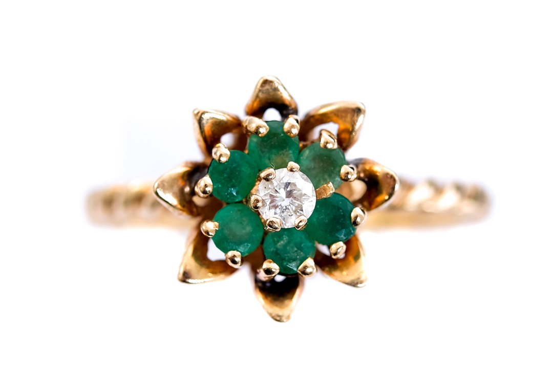 14k YG Diamond & Emerald Petal Ring, Size 8 (1 of 7)