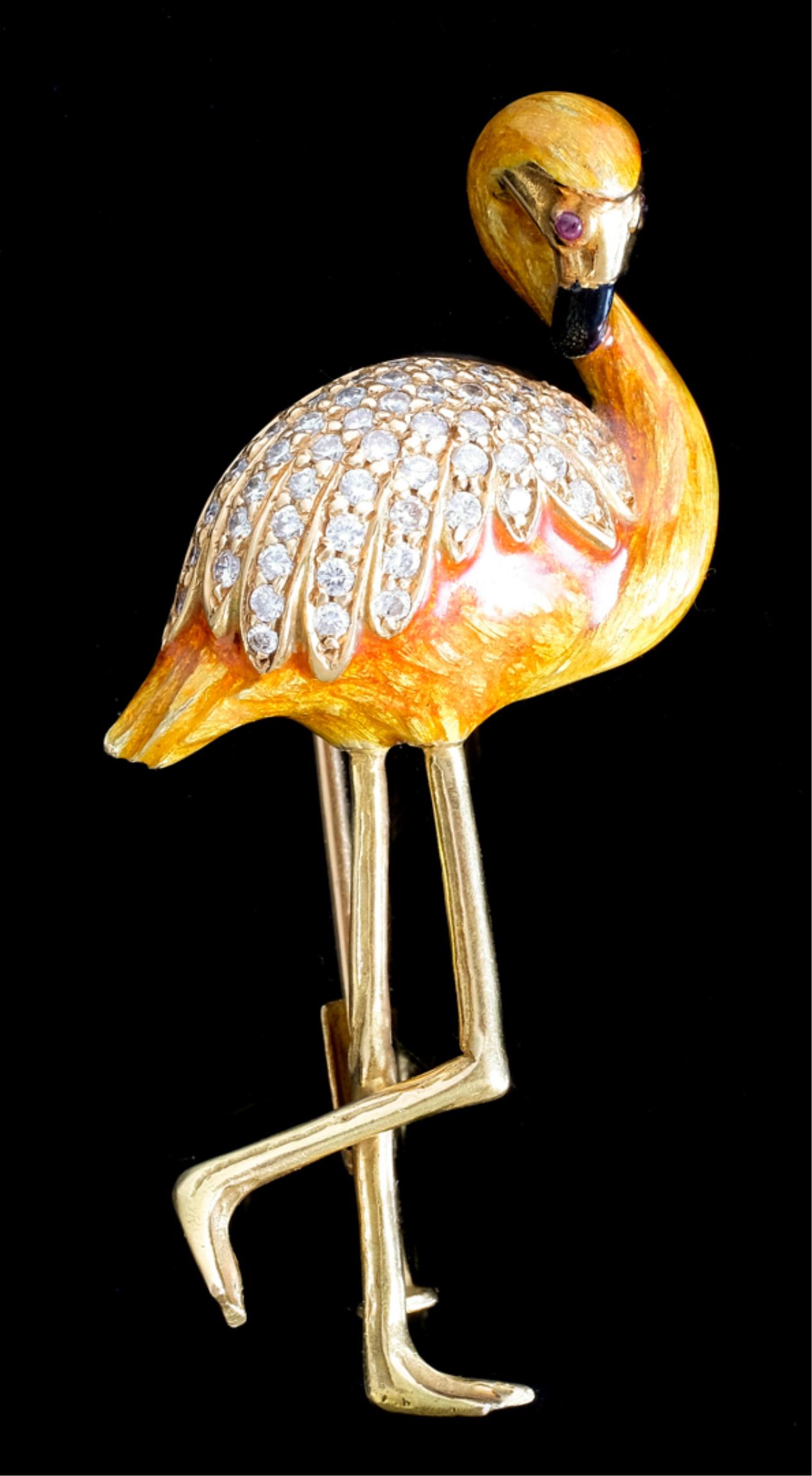 18k YG Diamond Enameled Flamingo Brooch Pin (1 of 6)