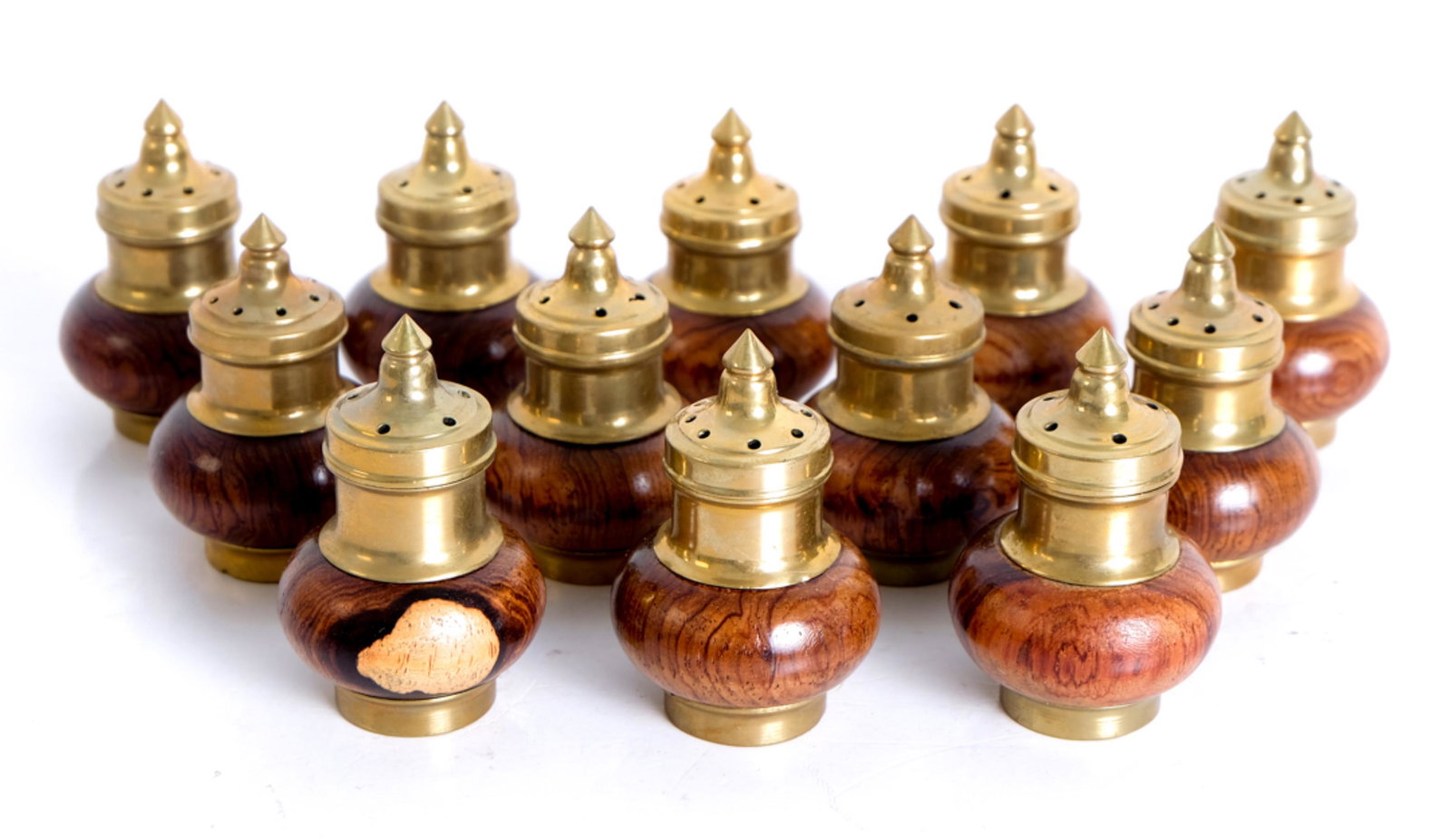 Set, 12 Vintage Walnut & Brass Salt/Pepper Shaker: Set of twelve vintage walnut and brass Salt and Pepper shakers comprising six of each. Approx. height 2.5 in.