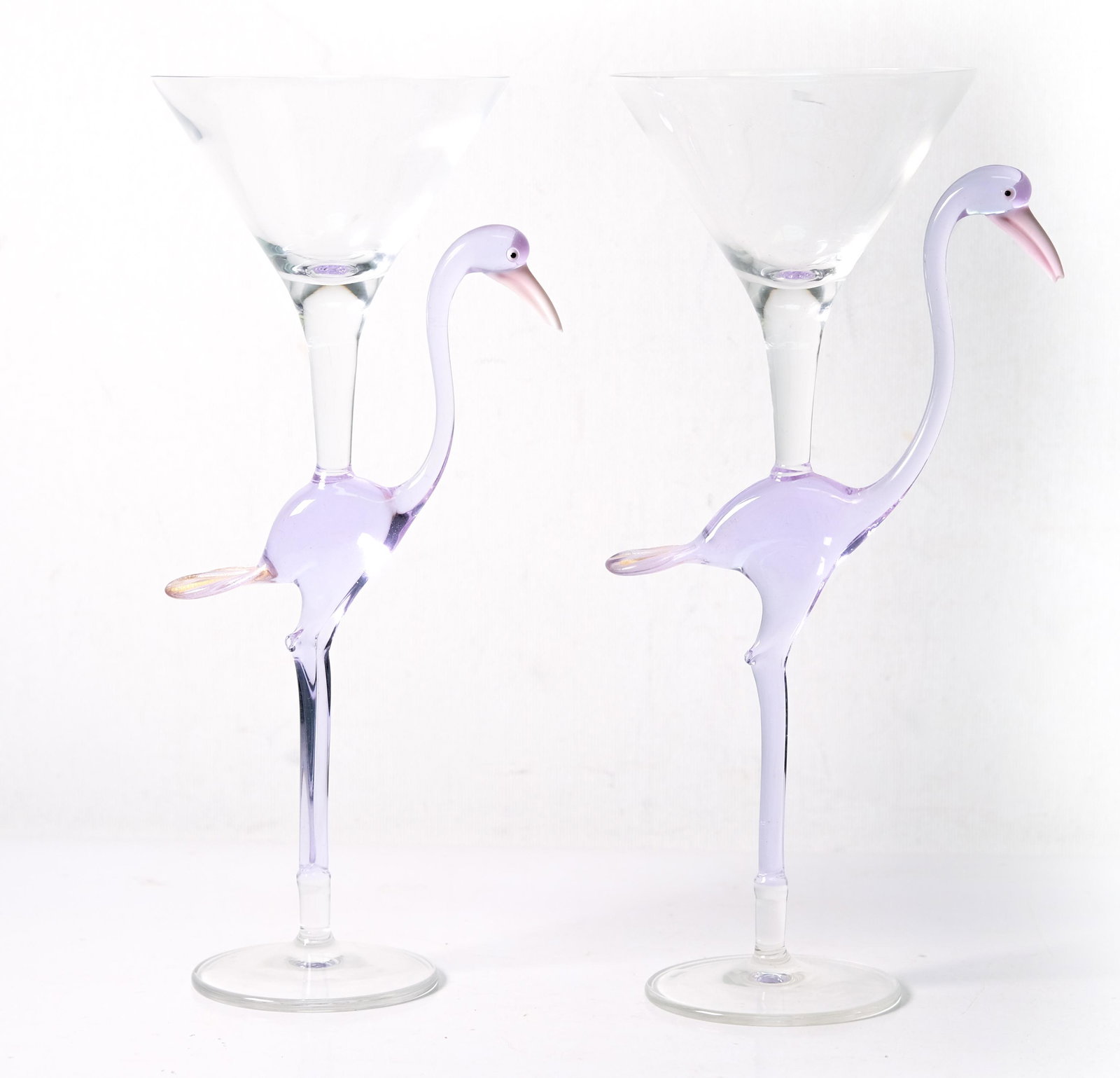 Pair, Murano Art Glass Flamingo Martini Glasses: Pair of Murano art glass Flamingo martini glasses. Approx. height 10 inches.