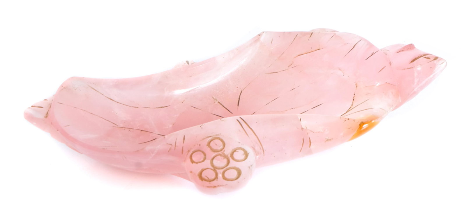 Chinese Pink Jade Carved & Incised Lotus Leaf: Chinese pink or rose jade carved lotus leaf, likely a brush washer/water dipper with incised and stained decoration. Approx. height 1.5", width 5.75", depth 3.12". Provenance:â€ From the Collecti