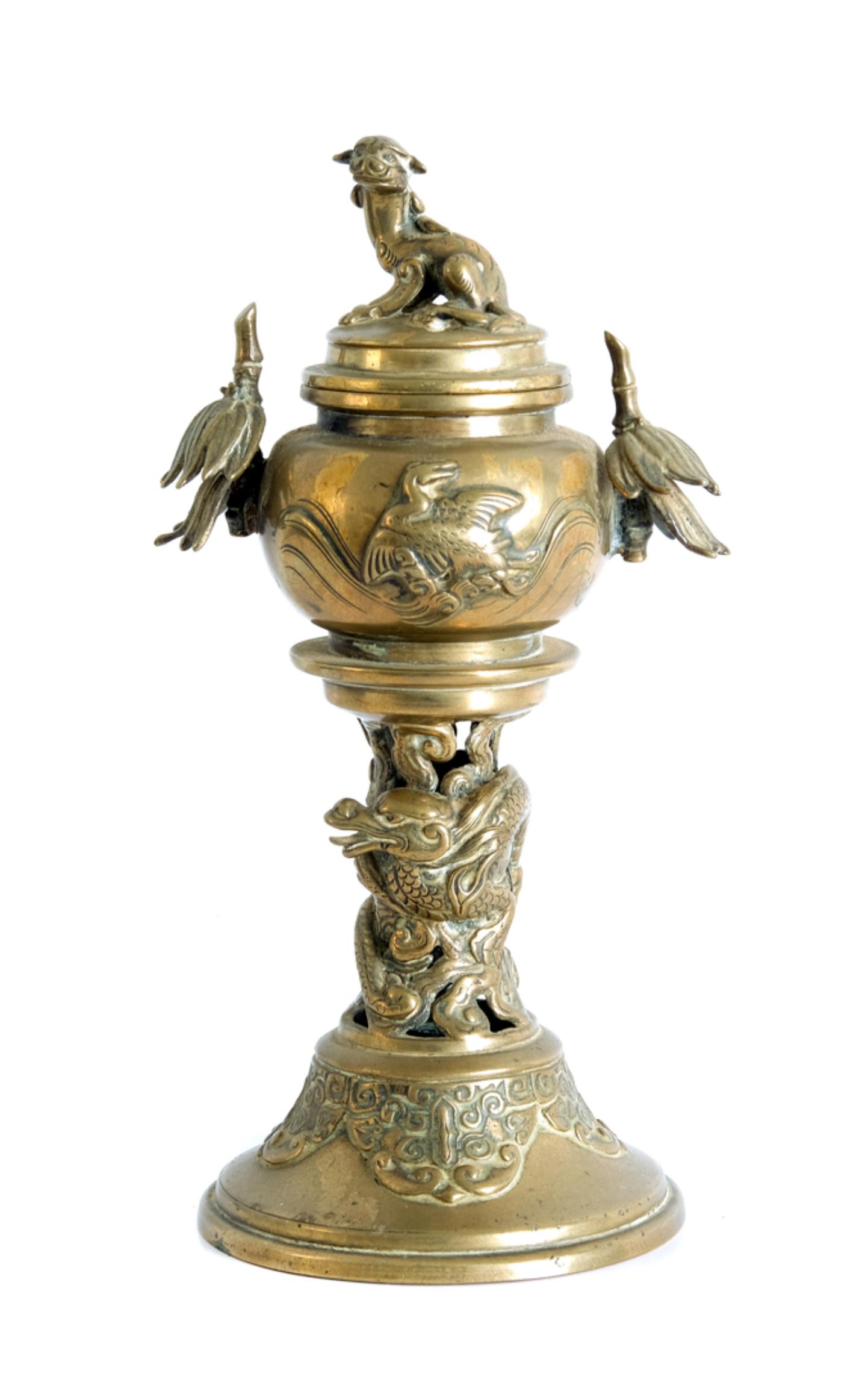 Japanese Gilt Bronze Censer w/Mythical Beast (1 of 8)