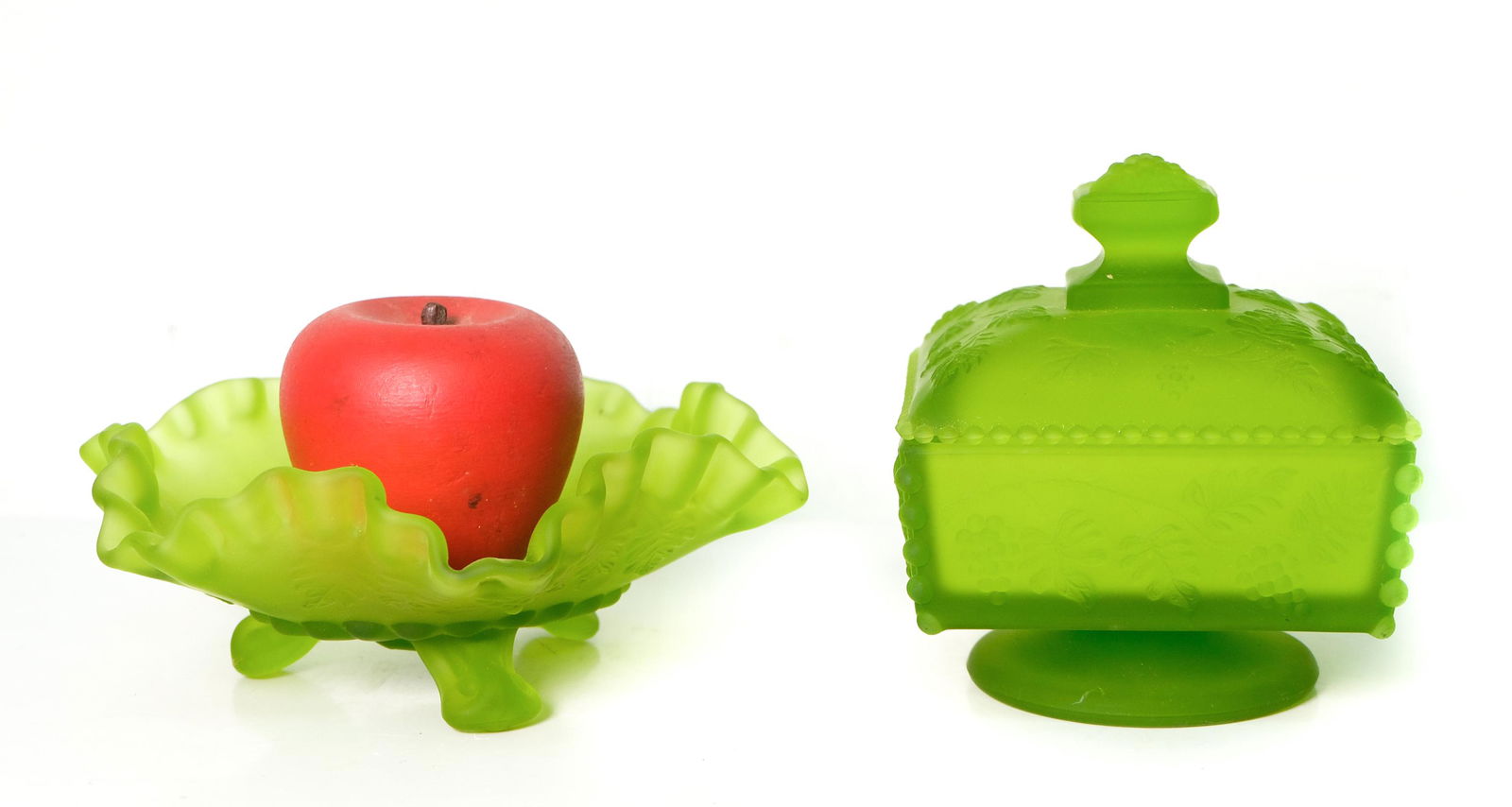 Two Pcs Vintage Avocado Green Satin Glass (1 of 11)