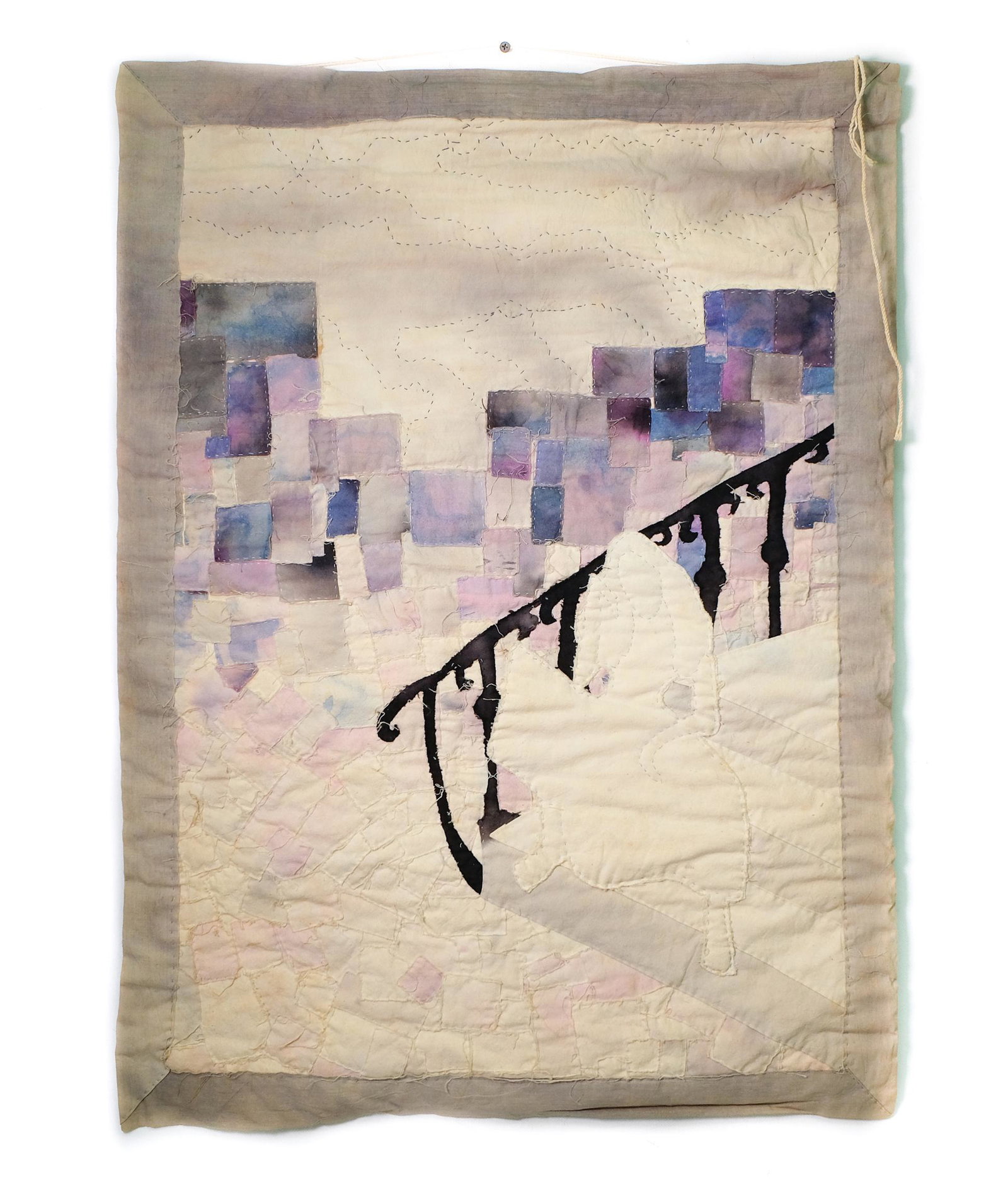 Vintage 'New Orleans' Quilt Tapestry by Nancy Fox: Vintage hand stitched quilt or tapestry 'New Orleans' by Nancy Fox with stitched tag for DEPARTMENT OF ART & DESIGN/IOWA STATE UNIVERSITY/WEST DES MOINES, IA/NANCY FOX/'NEW ORLEANS'/24"(W) X 34"/QUILT