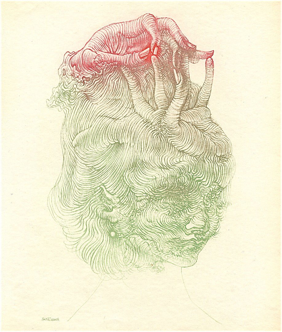 Hans Bellmer original color etching: Medium: original color etching. Printed in Paris by Lacourière and published by Pierre à Feu and Maeght Editeur for the Marcel Duchamp / André Breton project Surréalisme en 1947. Issued in a limit