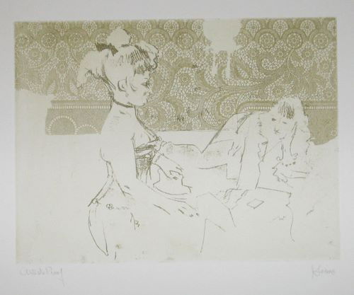 Jack Levine signed etching "Girls of Tunbridge All: Medium: original soft ground etching, signed in pencil and annotated "Artist's Proof". This etching was executed in 1967 for the "Dreigroschen Film" series, for the limited edition portfolio published