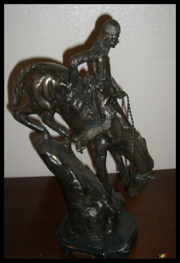 "Mountain Man" Remington Sculpture: "Mountain Man" Bronze Sculpture - Brown Paina With Golden Highlights - Well Maintained - Approx. 15h X 9l- In the manner of.