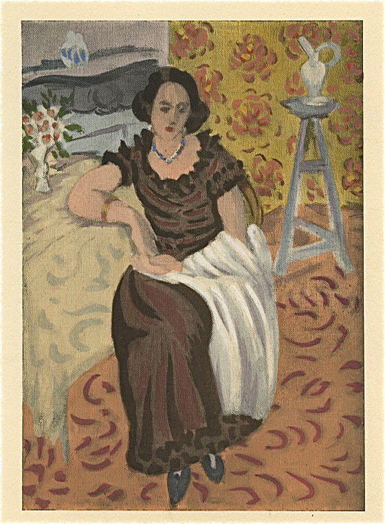 Henri Matisse "Femme en robe brune" pochoir: Medium: pochoir (after the watercolor). Published in Paris in 1924 by Albert MorancÃƒÂ© for "L'Art d'Aujourd'hui", and now very scarce. The publisher's provenance inscription is printed beneath th