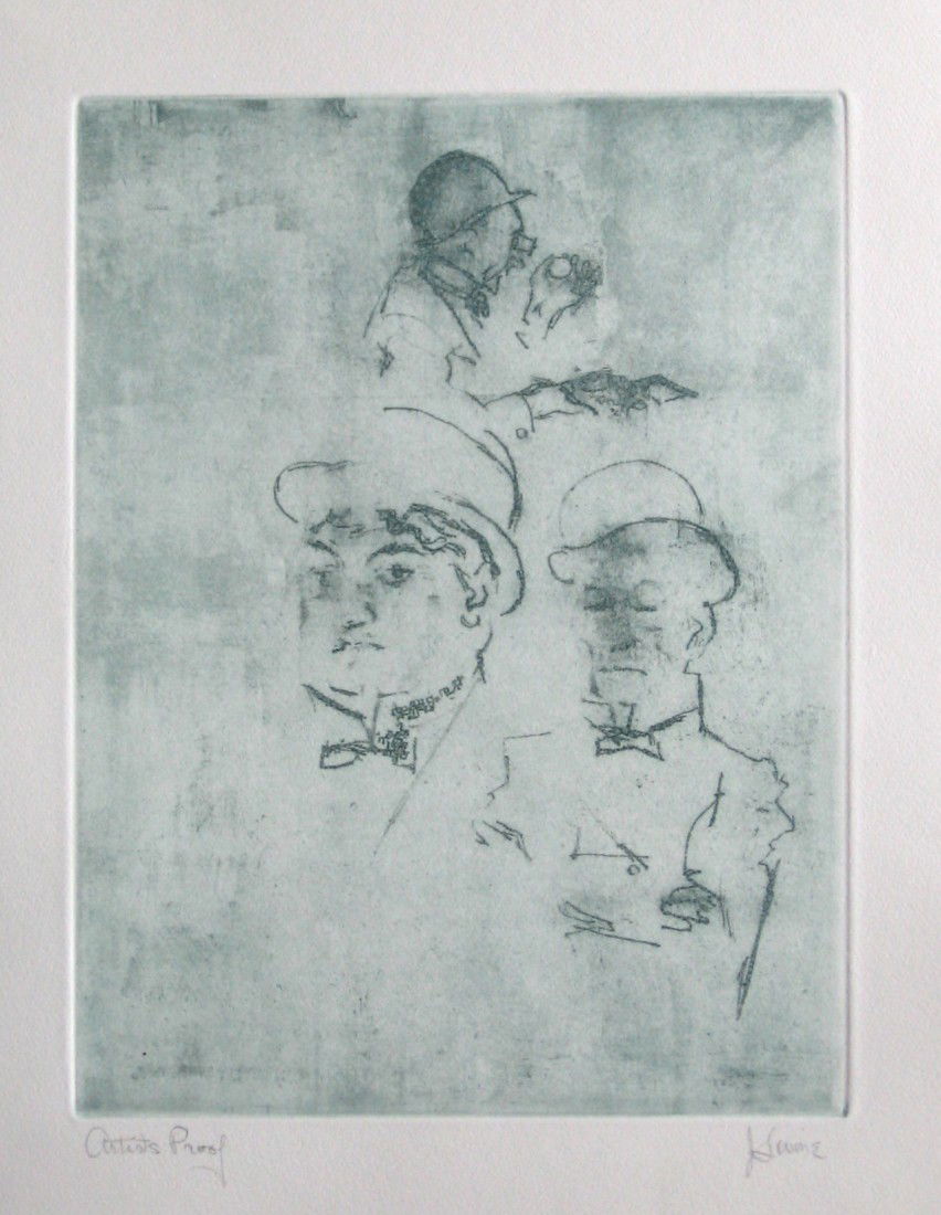 Jack Levine signed etching "Thieves": Medium: original soft ground etching, signed in pencil and annotated "Artist's Proof". This etching was executed in 1967 for the "Dreigroschen Film" series, for the limited edition portfolio published