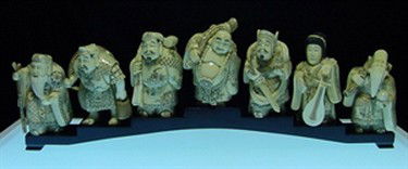 ANTIQUE BONE JAPANESE 7 GODS: Set Of Japanese Ancient 7 Gods. Each Of Them Is Individually Hand Carved And Painted. They Are Made From Natural Bones. Very Detailed Carving - Long: 4", Wide: 4", High: 6"