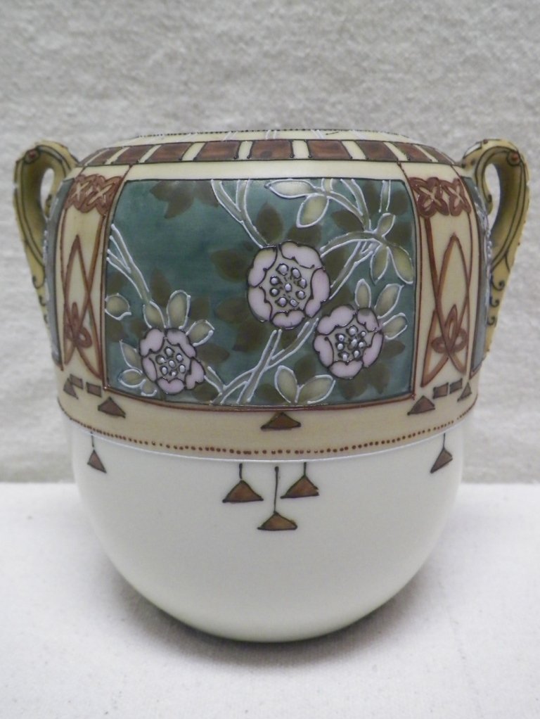 Nippon Moriage Vase Floral Design Morimura Brothers: C 1900. 5" Tall 5.375" Handle to Handle.
