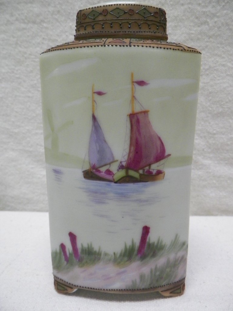 Nippon Moriage 3 Piece Covered Jar Morimura Brothers: C 1900. 6.25" Tall. Repaired lid.